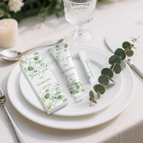 50 Sets Moisturizing Hand Cream Lip Balm Gift Kit for Wedding Return Thank You Welcome Gifts Sage Green Eucalyptus Leaf Theme Baby Shower Birthday Gifts Party Favors Games Prizes Winter Wedding Guests