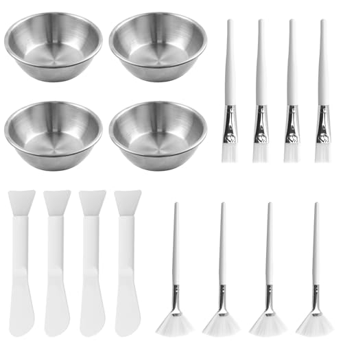 16 Pcs Esthetician Supplies 4 Large Stainless Steel Mixing Bowls 4 Facial Fan Brushes 4 Face Mask Applicator Brush 4 Facial Mask Scrapers (Silver)