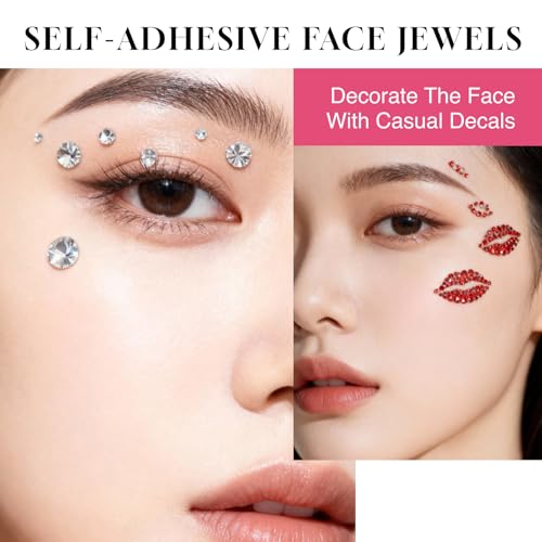 Red Face Gems Self-Adhesive Face Jewels, Red Lip Hair Gems & Festival Kiss Stickers, Face Rhinestone Stickers for Makeup, Eye, Hair, Body, Rave Accessories (Kids & Women)