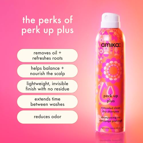 amika perk up plus extended clean dry shampoo | lightweight + buildable, extend time even further between wash days, invisible finish + no white residue, for all hair types