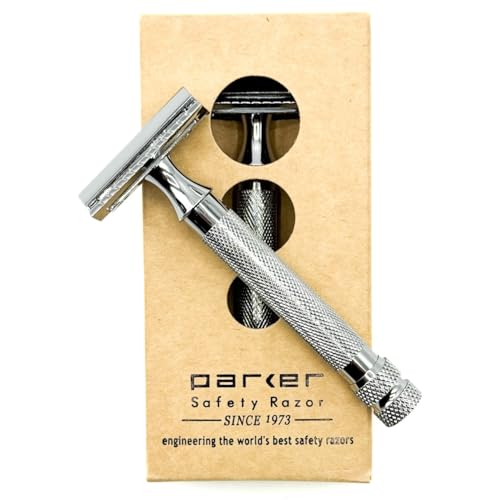 Parker 91R Heavyweight Long Handle Safety Razor ? Classic 3-Piece Double Edge Razor for Smooth, Close Shaves ? Brass Frame with Textured Chrome Finish ? Compatible with All DE Razor Blades