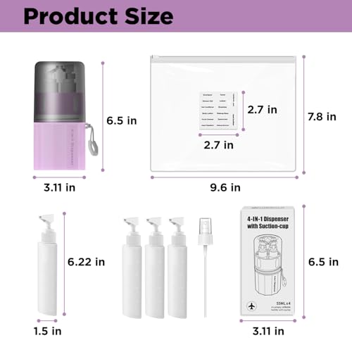 4 in 1 Travel Dispenser Bottle, TSA Approved Refillable Shampoo and Conditioner Bottles Set with Suction Cup for Smooth Walls, Travel Size Toiletries Container for Body Wash/Lotion.(Pink)