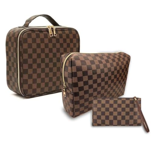 Makeup Bag,3 Pcs Brown Checkered Bags Set,Portable with Adjustable Partition,Large Capacity Pouch for Travel Cosmetic Organizer, Coin Purse, Waterproof, Toiletries,Designer for Gift,Checkered