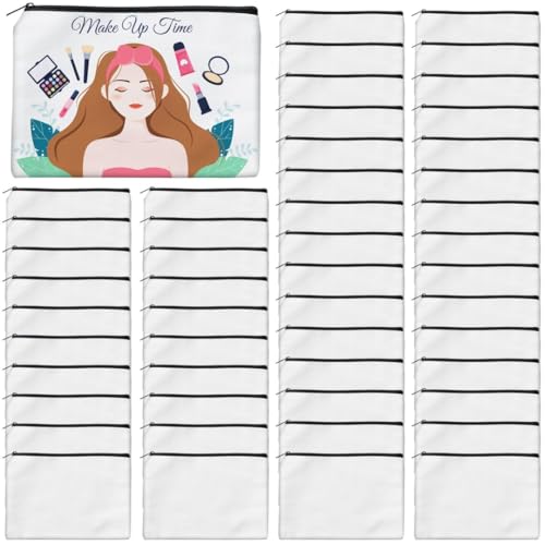 AMDAILY 50Pcs Sublimation Blank Canvas Makeup Bags, Bulk Blank DIY Heat Transfer Cosmetic Makeup Bags w/Black Zipper Gift Box for Bridesmaid Makeup Bag Travel Toiletry Pouch Storage, Easter Craft