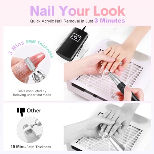 Beloving Portable Nail Drill Professional, 45000RPM Rechargeable Nail Drill Electric File Machine for Acrylic Gel Polish Remover, Cordless Nail Kit for Manicure Pedicure with 11 Bits for Salon (Black)