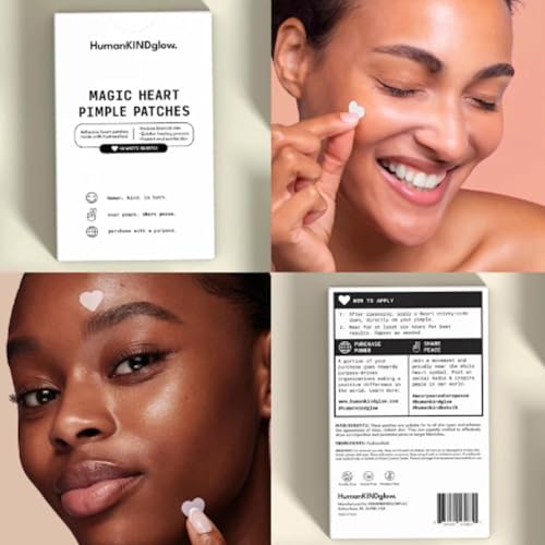 Heart Pimple Patches by HumanKINDglow ? 48 Hydrocolloid Acne Patches for Face | Gentle Spot Treatment for Pimples & Blemishes | Cute White Heart Design for Confident, Kind Skin