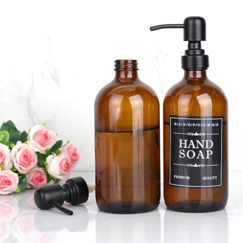 2 Pack Brown Glass Bottle, Soap Dispenser with Stainless Steel Pump,17 oz Upgrade Hand and Dish Soap Dispensers Kitchen, Hand Soap Dispenser Bathroom Accessories for Hotel, Vacation Rental, Restaurant
