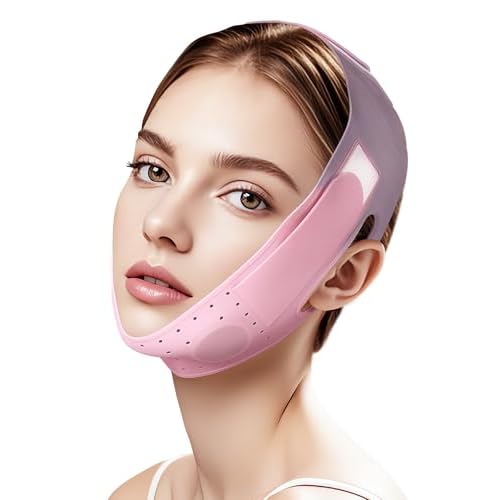 Reusable V-Line Sculpting Face Mask ? Silicone Chin Strap for Jawline Tightening & Double Chin Reduction (23-27 Inches) (Pink) -01