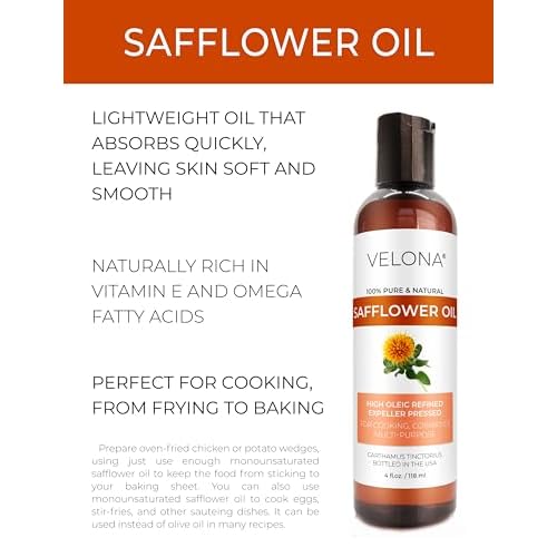 velona Safflower Oil 4 fl oz | 100% Pure and Natural Carrier Oil | Refined, Expeller Pressed | Cooking, Skin, Hair, Body & Face Moisturizing | Use Today - Enjoy Results