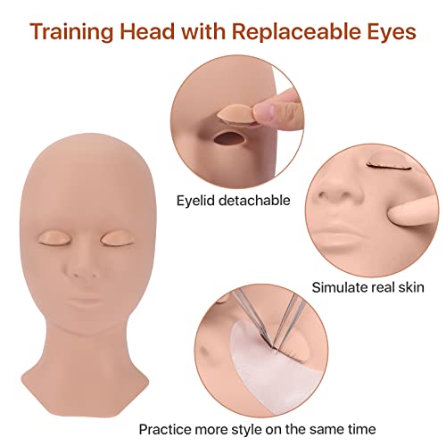 Pretty memory Lash Mannequin Head with 4 Pairs Removable Practice Eyelids, Silicone Eyelash Mannequin Head for Makeup Practice and Lash Extension Training