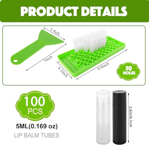 Lip Balm Tubes with Filling Tray and Spatula, 100 Empty Lip Balms Containers with Caps (Clear+Black), 100 Writeable and 100 Printed Stickers, BPA Free, Make Natural Lip Balm Kit for DIY