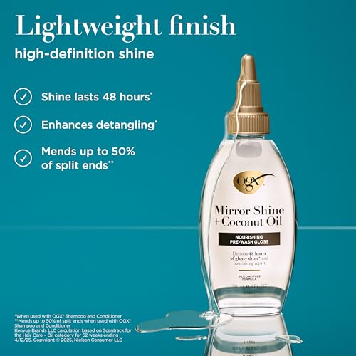 OGX Mirror Shine + Coconut Oil Pre-Wash Hair Gloss, Nourishing Rinse Out Hair Treatment for 48 Hours of Glossy Shine & Damage Repair, Lightweight Oil Mends Split Ends, 4 fl. oz
