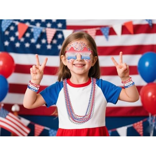Go Ho 4th of July Outfits for Women,Red White and Blue Face Body Glitter Gel,9 PC Necklaces,3 Pairs Star Sunglasses and 6 PC Rubber Bracelets Wristbands Set for USA Patriotic Outfits Makeup