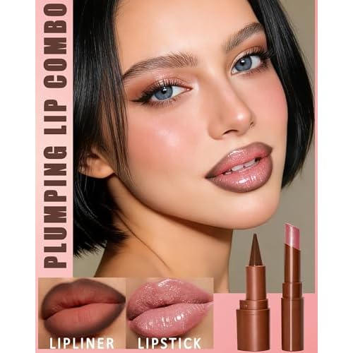 Lip Combo Set, Brown Matte Lip Liner Pencil & Pink Glitter Lipstick Kit, High Shine Highly Pigmented, Nourishing Moisturizing, Long Lasting Plumping Shimmer Lips Gloss Stain, Makeup Gift for Women-01