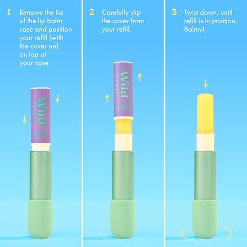 Wild - Refillable Lip Balm - 3 Pack of Lip Balm Refills in a Variety of Scents - Includes Coconut & Vanilla, Passionfruit Swirl & Watermelon Flavors - Beeswax Free