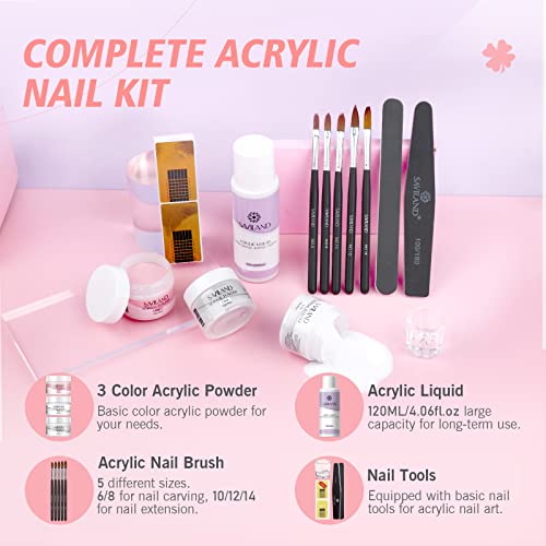 SAVILAND Acrylic Nail Kit: Big Capacity Acrylic Liquid 120ml and 30g Clear Pink White Powder Set with 5 Sizes Brushes for Beginner Nail Kit for Full Professional Nail Art Designs Home DIY Salon Gift
