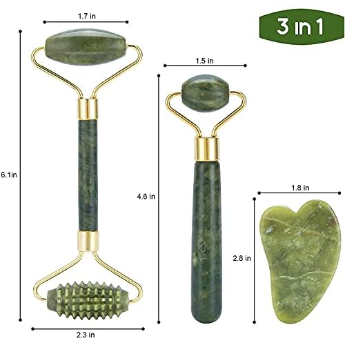 3 in 1 Jade Roller & Gua Sha Set - Natural Jade Facial Massager with Textured Roller, Anti Aging Skincare Tools for Face, Eye, Neck Massage, Promote Serum Absorption, Bester Gift for Women & Men
