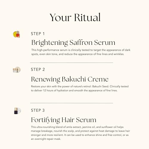 RANAVAT Royal Trio Travel Size Gift Set - Set Includes Brightening Saffron Face Serum, Renewing Bakuchi Face Cream & Fortifying Hair Serum - Clinically Tested Vegan Skincare & Haircare (3 Count)