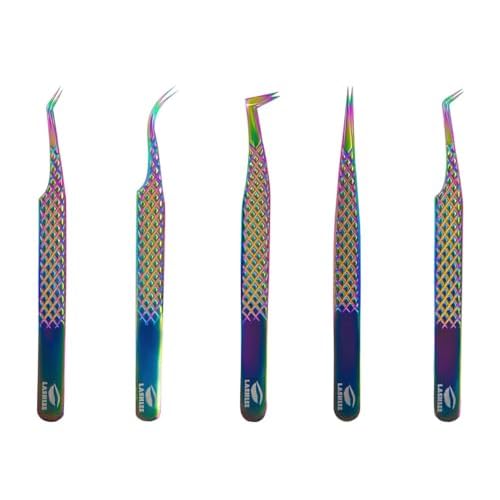UM Supplies Eyelash Extension Tweezers pack of 5 | Professional Japanese Stainless Steel Tools | Straight | Curved | Angled | Tip 45 Degree | 90 Degree Volume Tweezers Precision Degree l Rainbow