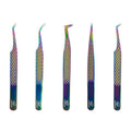 UM Supplies Eyelash Extension Tweezers pack of 5 | Professional Japanese Stainless Steel Tools | Straight | Curved | Angled | Tip 45 Degree | 90 Degree Volume Tweezers Precision Degree l Rainbow