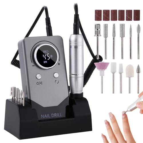 Electric 45000RPM Nail Drill Machine Rechargeable Portable Nail File Electric DIY Nail Drill Kit with Smart LCD Screen for Gel Nail Manicure and Pedicure Reflective Body etc (Grey)