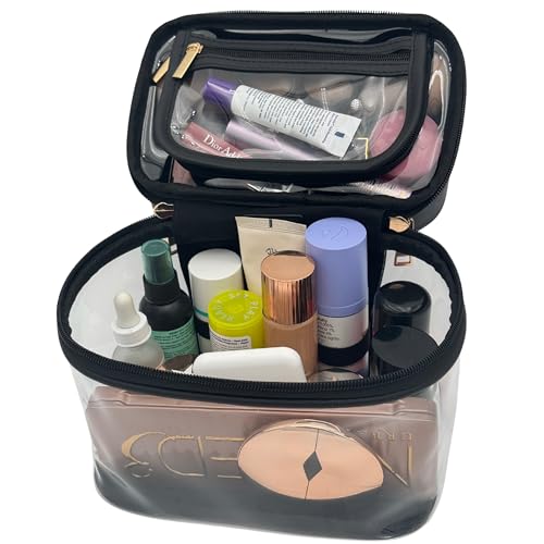 JAZD Clear Makeup Bag Toiletry Bag for Women Cosmetic Large Capacity Travel Make Up Bag Organizer Transparent Train Case TSA Approved (BLACK)