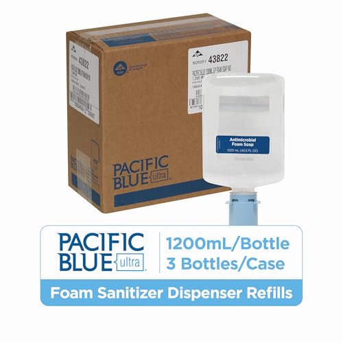 Georgia-Pacific-43822 Pacific Blue Ultra Antimicrobial Foam Soap Refills for Automated Touchless Soap Dispenser, Dye & Fragrance Free, 3 Bottles/Case