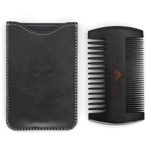 Black Wooden Beard Comb with Case for Men, Men's Wood Pocket Comb for Beards & Mustaches & Hair, Black Skull Design