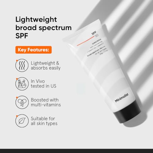 Minimalist Sunscreen SPF 50 Lightweight with Multi-Vitamins | No White Cast | Broad Spectrum PA ++++ | For Women & Men | 50g