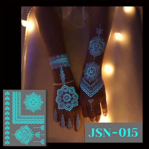 Glow-in Dark Temporary Tattoos Set- 6Sheets Luminous Flower Henna Fake Tattoo Sticker Sexy Lace Henna Waterproof Removable Tattoos for Face Body Night Tattoos Party Supplies Decoration(fluorescence)