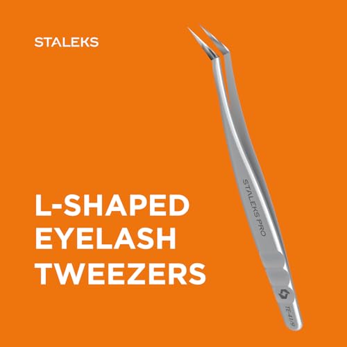 STALEKS PRO Expert 41 Type 9 Professional Eyelash Tweezers (L-Shaped 35¡Æ) ? Stainless Steel for Mega-Volume 2D-8D Lash Extensions & Long Working Edges