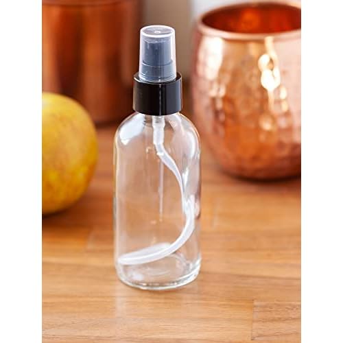JUVITUS 4 oz Clear Glass Boston Round Bottle with Black Treatment Pump (12 Pack) + Funnel