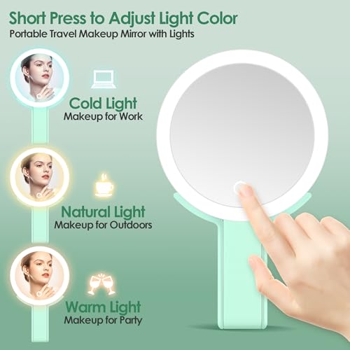 MIYADIVA Magnifying Mirror with Light, Double Sided 30X/1X Lighted Travel Makeup Mirror with Magnification, 3 Color Lighting, Dimmable Touch Screen, Adjustable & Foldable Hand Mirror (Green)