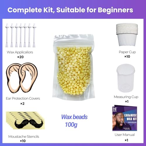 Waxfans Nose and Ear Hair Removal Kit for Men and Women - 100g Wax for 20 Uses, Long-lasting for 4 Weeks (Purple)
