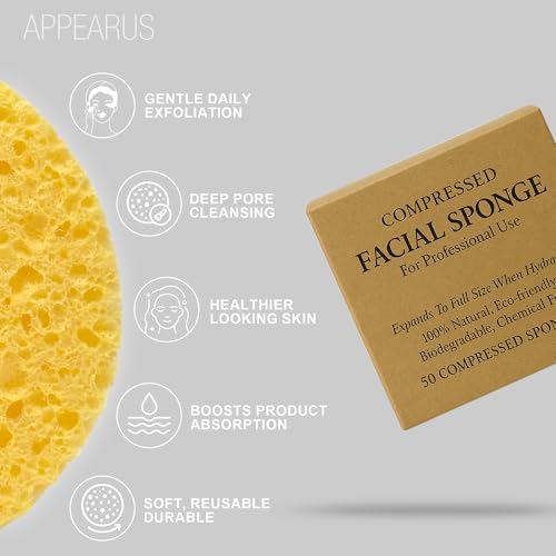 Appearus Natural Cellulose Facial Sponges ? 50 Pack (Compressed) ? Professional Spa Facial Sponge Pads for Cleansing, Exfoliating, Makeup Removal ? Natural Yellow ? Gentle on Sensitive Skin