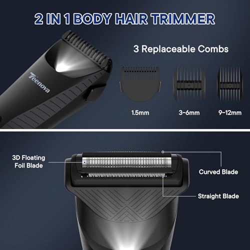 Pubic & Body Hair Trimmer for Men, 2 In 1 Electric Ball Groin Razor Shaver with Ceramic Blade, No Nick Mens Grooming Kit for Wet/Dry Use, Cordless Charging Body Groomer with Led Display, Black