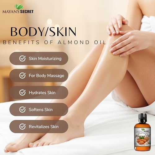 Mayan's Secret - 100% Organic Sweet Almond Oil for Skin Hair, Face - Cold Pressed Pure Almond Essential Oil (4 fl. oz.)