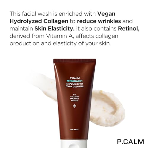 P.CALM Retinolagen Ampoule Shot Foam Cleanser ? Retinol, Vegan Hydrolyzed Collagen & PHA for Pore Cleansing & Gentle Exfoliation, Korean Glass Skin (120ml / 4.05 fl.oz)