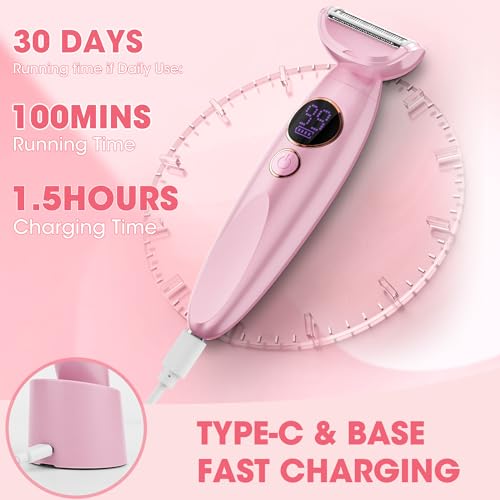 Karrte 5-in-1 Electric Razor for Women's Pubic Hair, Painless Body Shaver and Facial Epilator, Hair Removal for Face, Bikini Trimmer for Women's Private Area Pink