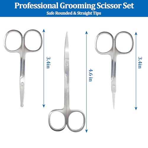 Professional Nose Hair Scissors Set, Stainless Steel Small Shears for Grooming Mustache, Beard Grooming Scissors for Men & Women, Eyebrow Ear Facial Trimmer (3 Pack)