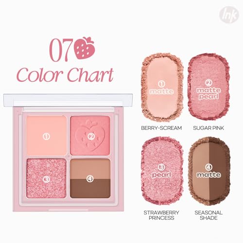 Peripera Ink Pocket Shadow Palette, Eyeshadow Quads, Creamy Formula, Blendable Matte & Shimmer Shades, Easy to Apply (007 SPRING STRAWBERRIES IN THE SUN, One Size)