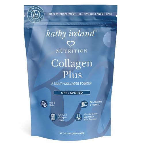 Kathy Ireland Multi Collagen Protein Powder Peptides, Types I, II, III, V, X Unflavored, 20g Protein per Serving, Bovine, Chicken, 16 oz