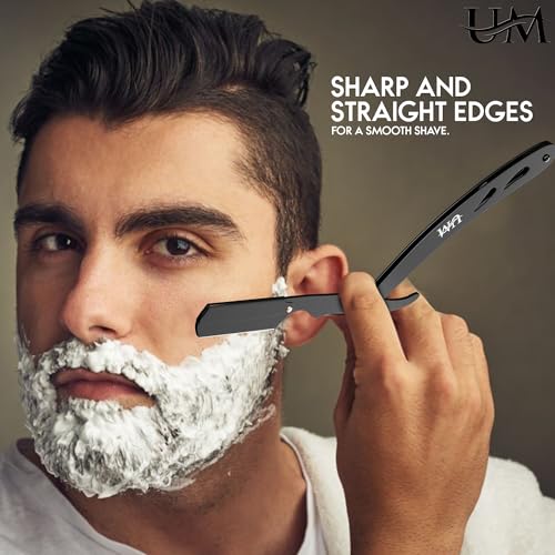 UM Supplies Straight Razors for Men ? Professional Barber Straight Edge Razor Kit with 20 Replaceable Insert Single Edge Blades - Navajas Para Barbero