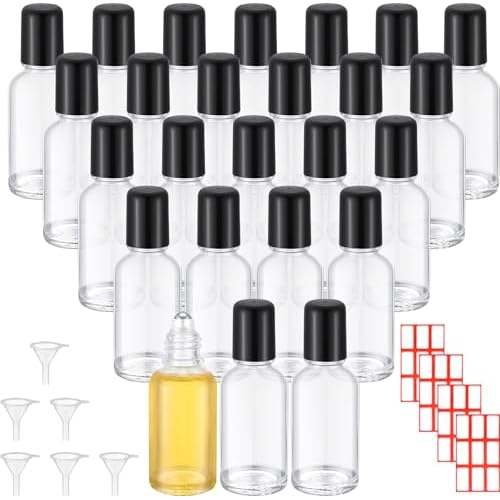 Sumind 24 Sets Clear 30ml Roller Glass Bottle Essential Oil with Stainless Steel Refillable Sample Container Brown Empty Roller Bottle Applicator with Funnel Sticker for Travel