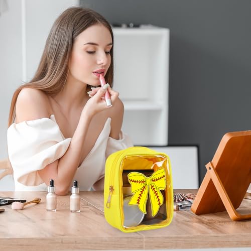 JarThenaAMCS 12Pcs Softball Bow Clear Makeup Bags Yellow Red Plastic Cosmetic Bags Waterproof Toiletry Travel Pouch for Sport Team Party Favor Supplies