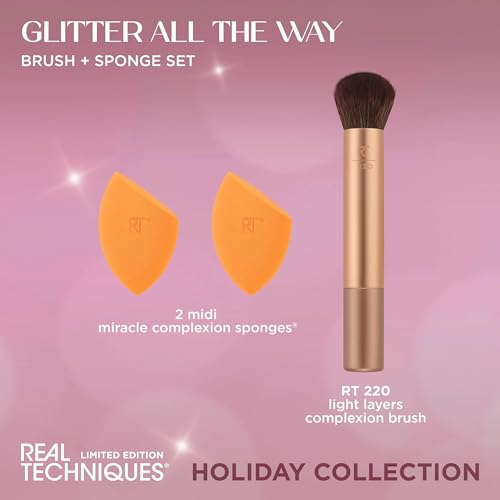 Real Techniques Glitter All The Way Brush + Sponge 3 Piece Holiday Gift Set, Makeup Sponges & Makeup Brush For Liquid & Cream Foundation, Contour, & Blush, Stocking Stuffer, Limited Edition