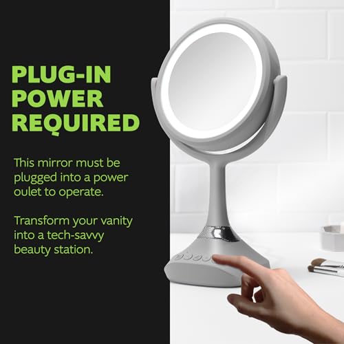 Homewerks 76-101-BT 7.5-inch Personal Makeup Mirror with Bluetooth Speakers and LED Lighting, Handheld Bluetooth Vanity Mirror with Lights for Bathrooms, Bedrooms, or Dorm Room Essentials