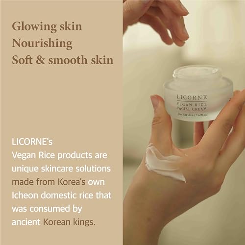 LICORNE Vegan Rice Facial Cream, Lightweight Daily Moisturizer for Glass Skin, Rice Bran Water & AHA PHA for Smoothing Texture, Non-Sticky Face Lotion for Oily & Sensitive Skin, 1.69 fl oz