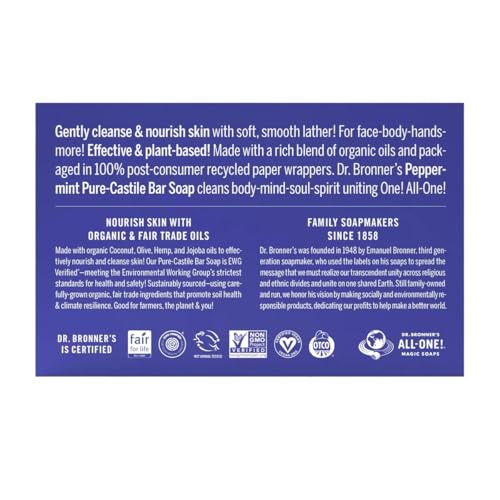 Dr Bronner's Pure Castille Peppermint Bar Soap, 5 Ounce (Pack of 6)
