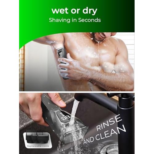 Body Hair & Pubic Hair Trimmer for Men - Electric Ball Shaver with LED Light & Display, Waterproof Wet/Dry Groomer Kit with Wireless Charging & 3 Combs, Ceramic Blade Technology